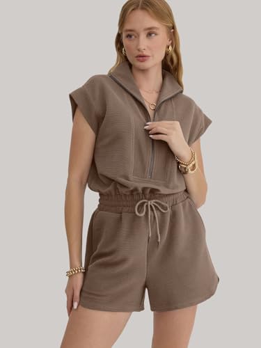 Image of Rompers for Women Summer Short Sleeve Half Zip Lapel Collar Jumpsuit Casual Drawstring One Piece Outfits with Pockets