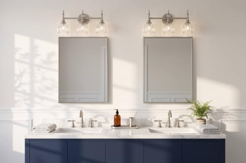 Image of ANDY STAR 3-Light Brushed Nickel Bathroom Vanity Light, Transitional Sconce | Ribbed Glass & Crystal Accent, Damp-Resistant, Ceramic E12 Base, Reversible Up /Down Mounting