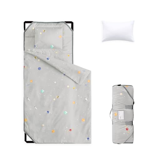 Image of Wake In Cloud - Cot Nap Mat with Pillow and Blanket, 100% Cotton Fabric, for Toddler Kids Boys Girls Ages 3 Plus in Daycare Kindergarten Preschool, Stars Space Rockets