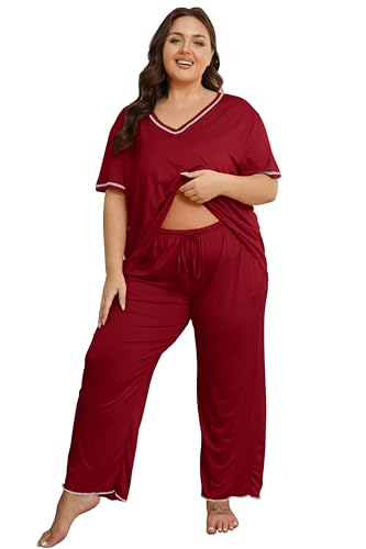 Image of Vozanet Women's Plus Size Pajama Sets Short Sleeve Long Pants Solid Color with Piping Trim Elegant Loungewear Cozy Sleepwear