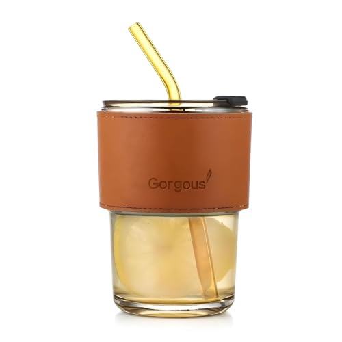 Image of Glass Mug with Lid and Straw- 400ml, Set of 1, Glass Reusable Sipper Bottle with Leather Sleeve Glasss Coffee Mug with Silicone Straw and Leakproof Lid Tumbler for Coffee (Multicolor)