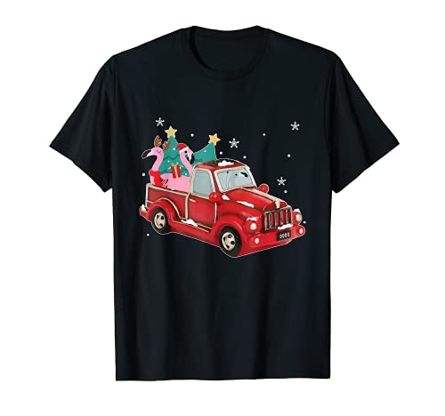 Fenicottero Ride Red Truck Pick Up Albero di Natale Vintage Retro Maglietta