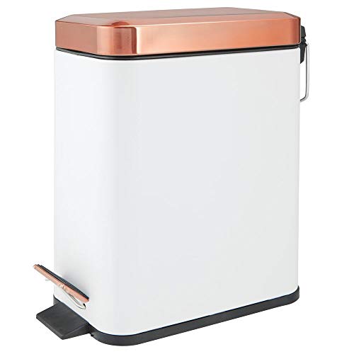 mDesign 1.3 Gallon Rectangular Small Steel Step Trash Can Wastebasket, Garbage Container Bin for Bathroom, Powder Room, Bedroom, Kitchen, Craft Room, Office - Removable Liner Bucket - White/Rose Gold