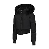 Mrat Cropped-Pufferjacke für Damen, Winter, warm, gesteppt, gepolstert, Daunenmantel mit Daumenloch, Damen schmal geschnittene Jacken mit durchgehendem Reißverschluss, Kunstfell-Kapuze, wasserdicht
