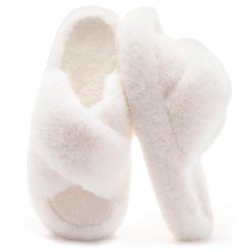 Women's Fuzzy Slippers House Slippers Memory Foam Bedroom Shoes Open Toe, Cross Band