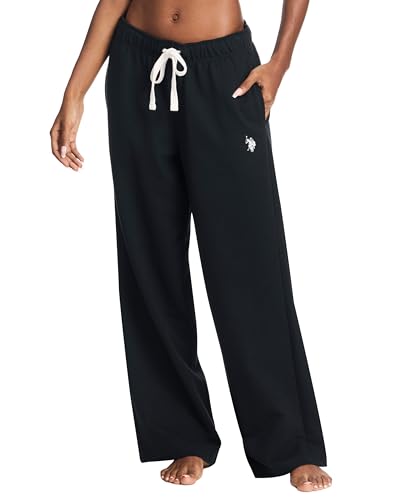 U.S. Polo Assn. Pantalones deportivos para mujer con bolsillos, pantalones deportivos de rizo francés para mujer o sudaderas de pierna ancha, Pierna ancha negra, 3X
