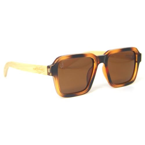 Square sunglasses with brown turtle acetate frames and bamboo temples, light and comfortable, with brown polarized lenses, Mondelo Napa Turtle MafiawooD