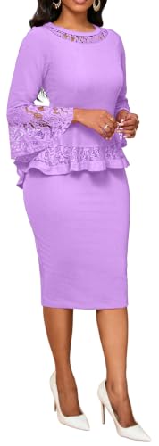 Image of sexycherry Lace Dresses for Women 3 /4 Sleeve Cocktail Pencil Split Dress | Women's Lace Wedding Guest Dresses Crew Neck Knee Length Split Fall Outfits