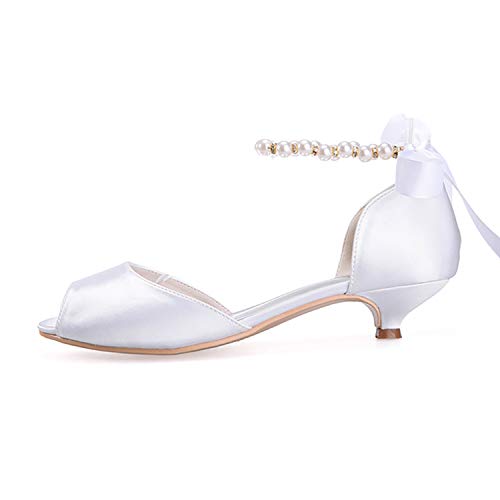 Women's Pearl White Wedding Shoes for Bride Low Heel Open Toe Satin Bridal Shoes Prom Party Dress Pumps Sandals3