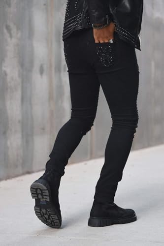 Barabas Men's Studded Stretchable Denim Solid Color Jeans 4JER014