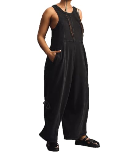 Womens Casual Jumpsuits Solid Color Loose Fit Summer Sleeveless Wide Leg Jumper Romper Zipper Down Travel Loose