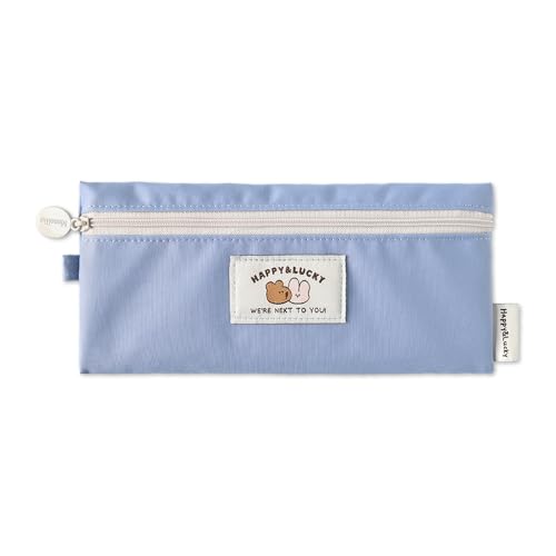 Image of Monolike Happy and Lucky Flat Pencil Case, Pale Blue - Slim Water-Resistant Nylon Pen Pouch, Aesthetic Pastel Stationery Organizer for Office