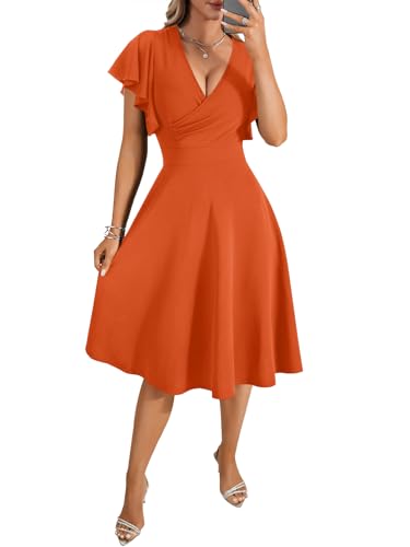 Image of LYANER Women's Warp V Neck Ruffle Short Sleeve A Line Swing Flared Cocktail Party Midi Dress
