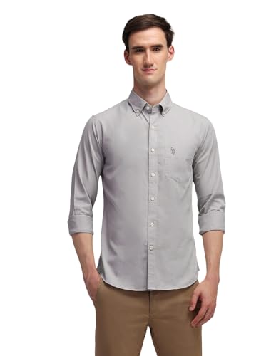 Image of U.S. Polo ASSN. Solid Slim Fit Shirts for Men - 100% Cotton, Full Sleeve Mens Casual Shirts