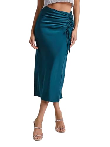 Midi Skirts for Women, Solid Color Satin Pleated Zipper Skirts Silky Casual A-line Elegant High Waist Summer Long Skirt