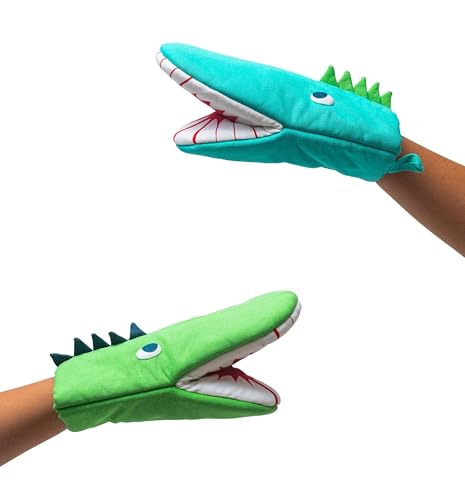 Handstand Kitchen Child's 100% Cotton Shell Dinosaur Shaped Pair of Oven Mitts