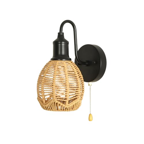 Image of Modern wall sconce,Pull Chain Wall Light,Hardwired wall Sconce with Switch,Pull Chain Sconce,Pull Chain Wall Light Fixture,Pll Chain Light Fixture,Wall Sconce with Switch (Black+Rattan shade)