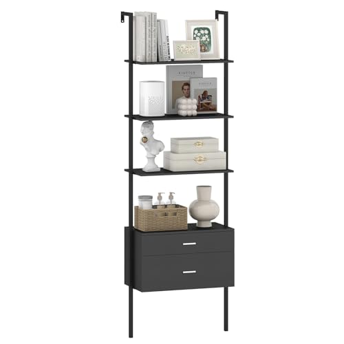 GIANTEX Scaffalatura con 4 ripiani aperti e 2 cassetti, 184 cm, libreria salvaspazio per soggiorno, studio e ufficio, 60 x 30 x 184 cm (nero)