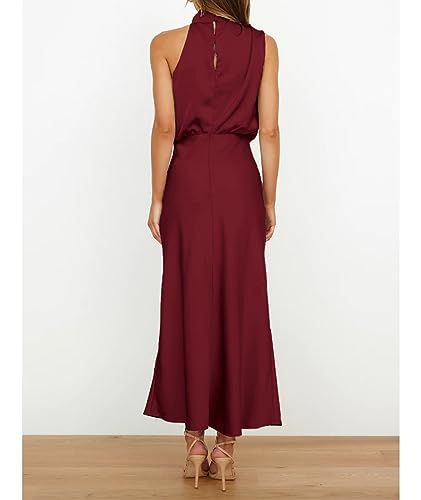 Image of Sexyshine Women's Elegant Halter Tie Neck Sleeveless Satin Long Dress Backless Split Cocktail Party Formal Wedding Maxi Dress