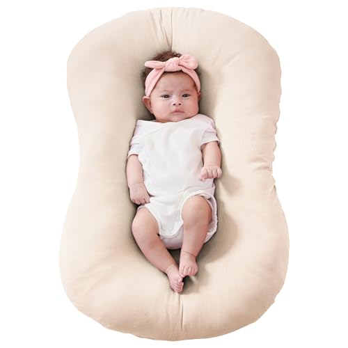 Image of FUNUPUP Muslin Baby Lounger Cover Compatible with Snuggle Me Lounger, Infant Lounger Pillow Cover for Newborn, Removable Newborn Lounger Cover for Boys and Girls, Beige