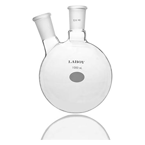 Laboy Glass 1000mL 2 Neck Round Bottom Boiling Flask with 24/40 Center & Side Joints Angled Apparatus Organic Chemistry Lab Glassware Cover