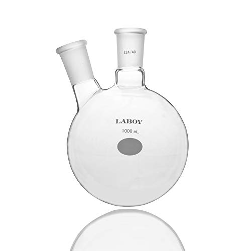 Laboy Glass 1000mL 2 Neck Round Bottom Boiling Flask with 24/40 Center & Side Joints Angled Apparatus Organic Chemistry Lab Glassware