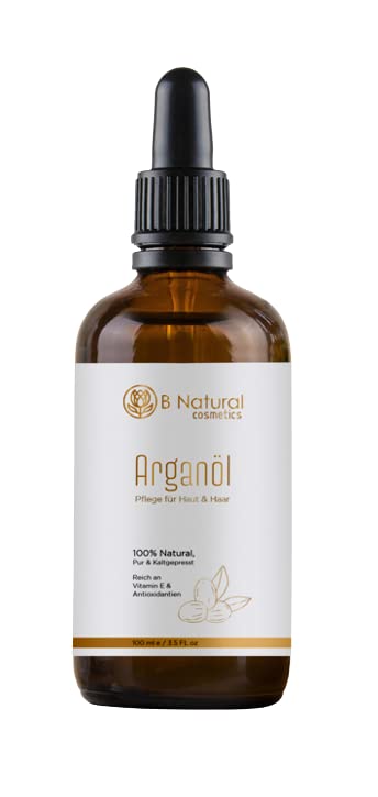 Aceite de argán orgánico prensado en frío, 100 ml para cara, piel y cabello, aceite de argán puro original de Marruecos, protegido de la luz en cristal marrón con pipeta sin aditivos, 100% puro