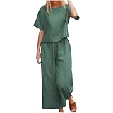 Completo Cotone e Lino Donna Elegante 2 Pezzi Set Coordinati Abbigliamento Donna Lino Completo Leggera Set di Pantaloni a Gamba Tuta Sportiva Estiva Completi Casual Tinta e Tasche Spiaggia Vacanza