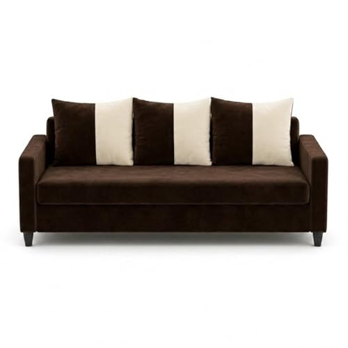 Image of FURNY Rion 3 Seater + 1 Seater + 1 Seater Fabric Sofa Set (Dark Brown-Cream) with Velvet Finish | Durable Comfort | Ideal for Living Room