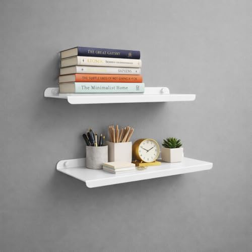 Image of 12 Inch Set 4 White Wall Shelf - Metal Floating Shelf for Wall, Wall Mounted Shelves, Modern Wall Shelf for Bedroom & Living Room Storage, Minimalist Wall Mount Shelf (30.48 CM Long X 12 CM deep)