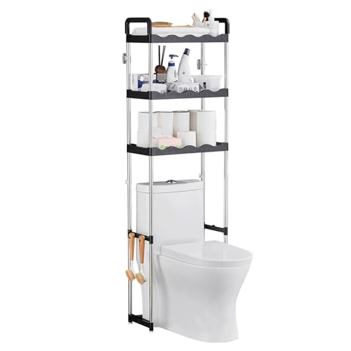 PORUGE Mobile Sopra WC a 3 Livelli, Scaffale Toilette in Metallo, Mensola Portaoggetti Indipendente, Mobile Bagno Salvaspazio & Multifunzione, Scaffale Lavatrice - Nero