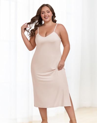 Plus Size Full Slip for Women Under Dresses Adjustable Spaghetti Strap V-Neck Long Slip Cami Nightgown4