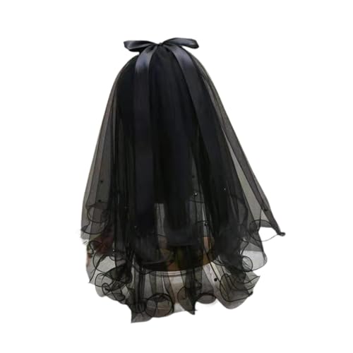 Black Lace Veil for Wedding and Engagement Celebrations with Comb, 60-80cm/23.62-31.50inch Bridal Headpiece for Formal Dresses and Photography- With Clip Bow Decor