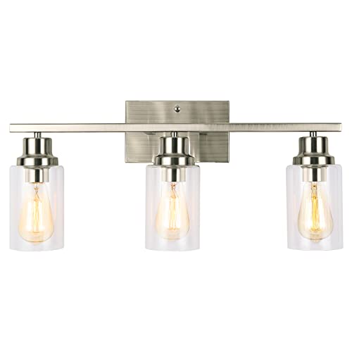 Bathroom Vanity Light Fixture 3-Light Brushed Nickel Wall Sconces Indoor Wall Light with Metal Base and Glass for Bathroom Mirror