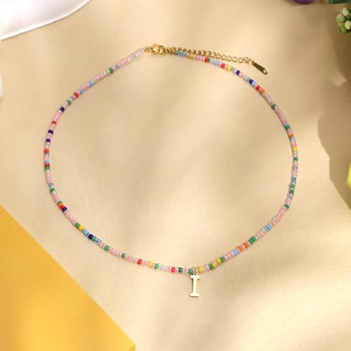 for Women Girls Letter PendantSummer Necklaces, Bohemian Beaded Necklace Colorful Beaded Initial Necklace Handmade Jewelry Gifts for Teens3