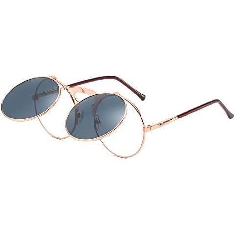 luojery Retro Round 80's Flip Up Steampunk Sunglasses Mirror Vintage Circle Sun Glasses Eyewear for Men Women (Rose Gold Frame Grey Lens, as the picture) Cover