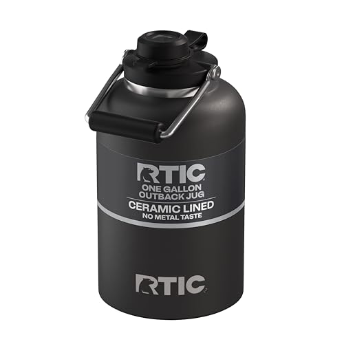 RTIC 1 Gallon Outback Jug, Stainless Steel, Ceramic Lined Insulated Water Bottle with Lid and Handle, BPA-Free, Double Wall Vacuum Insulation, Black