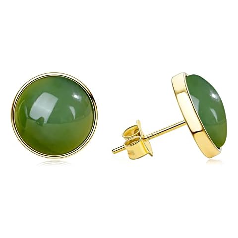 DENGGUANG Jade Stud Earrings for Women, Natural Real Green Jade 14k Yellow Gold Plated Sterling Silver Hypoallergenic Earrings, Jewelry Gifts for Wife Mom (Size:10mm) Cover