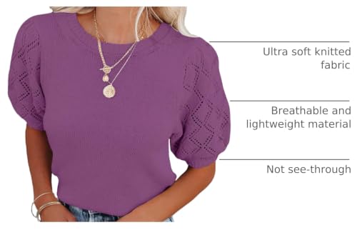 Image of Womens Short Sleeve Sweaters Crewneck Knit Pullover Tops 2025 Summer Casual Lightweight Crochet Blouse Shirt