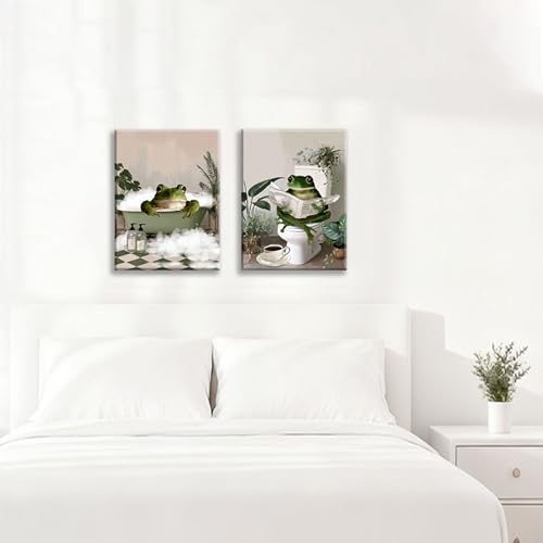 Image of Frimeeme Set of 2 Funny Frog Bathroom Canvas Wall Art,12x16 inches | Frimeeme Set of 2 Funny Frog Bathroom Canvas Wall Art,12x16 inches