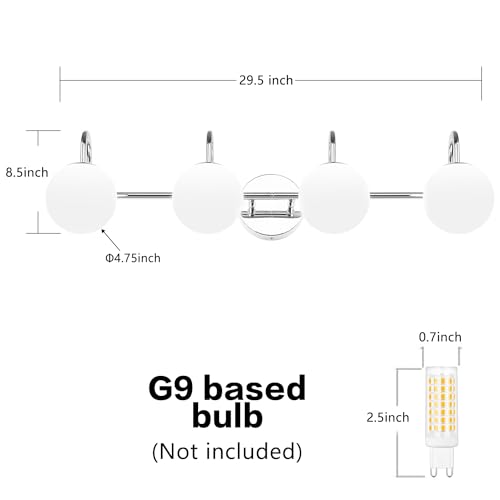 Image of Chrome Mid Century Modern 4-Light Bathroom Light Fixtures Over Mirror, Vanity Wall Sconces With Globe Frosted Milk Glass