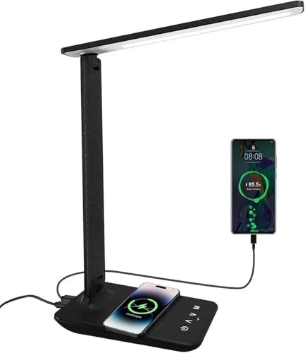 Lampada scrivania dimmerabile lampada da lettura con porta di ricarica USB, 3 modalità di illuminazione, carica wireless,lampada da tavolo portatile pieghevole per la lettura della camera da lett