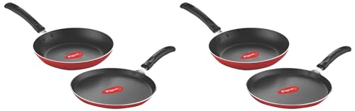Pigeon Aluminium Nonstick Duo Pack Flat Tawa 250 and Fry Pan 200 Gift Set (Red) (Pack of 2)