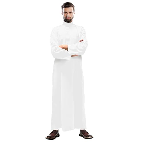 Saudi Men Thobe Long Jubba Islamic Clothing Casual Solid Arabic Collar Robe Wedding Solah Madrasa Eid Ramadan Hajj Umrah