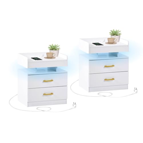 FurnitureR 2 mesitas de Noche LED de 45 x 35 x 52 cm, Color Blanco Brillante, 2 cajones, 16 Colores de iluminación LED, 2 enchufes de Carga y 2 Puertos USB, para Dormitorio, salón, Estudio