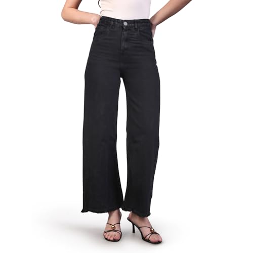 Image of Urbano Fashion Women's Black Regular Fit Wide Leg Washed Jeans