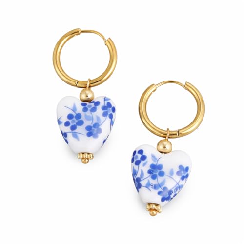 Boucles d’Oreilles Vintage Cœur en Céramique Bleue et blanche - Acier Inoxydable Doré - Style...