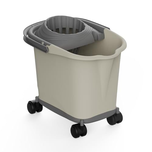 Recamania Cubo de fregona rectangular de plástico con escurridor y ruedas 360º, Color Beige, 16L, 39x29x35 cm