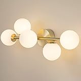 Bathroom Vanity Lights, 5-Light Bathroom Light Fixtures, Mid Century Modern Gold Bathroom Light Ceiling Light, Dimmable LED Wall Sconces Semi-Flush Mount Light Fixture with Milk Glass, Gold Brushed