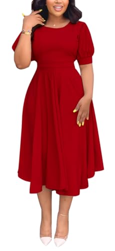 Image of Summer Dresses for Women Semi-Formal Fit Casual Slim Short Puff Sleeve O-Neck Elegant Swing A Line Maxi Dresses